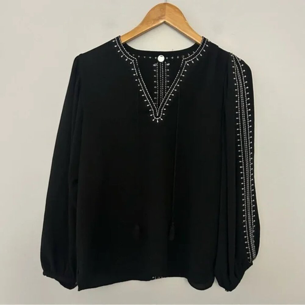 Margaret O’Leary Black V-Neck Embroidered Long Sleeve Blouse